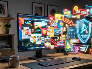 Werbung im Monitor: Popup-Fenster quellen als Hologramme aus einem PC-Bildschirm (KI-generiertes Bild)