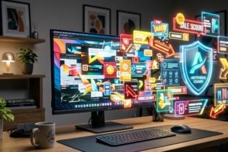 Werbung im Monitor: Popup-Fenster quellen als Hologramme aus einem PC-Bildschirm (KI-generiertes Bild)
