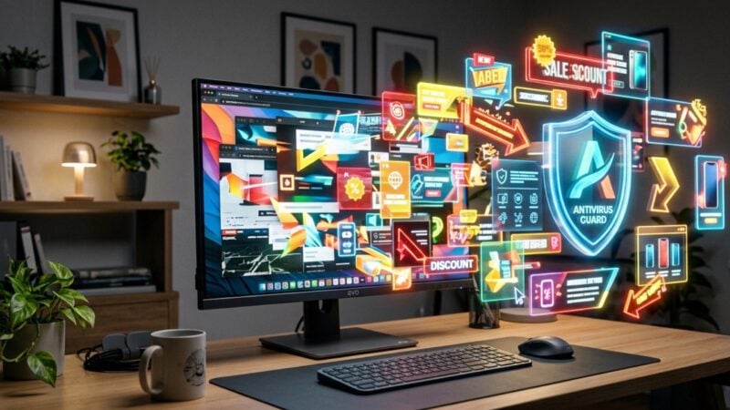 Werbung im Monitor: Popup-Fenster quellen als Hologramme aus einem PC-Bildschirm (KI-generiertes Bild)