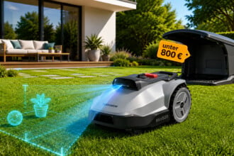 Terramow Mini 500 Mähroboter mit Kamera-Navigation im kleinen Garten, Illustration