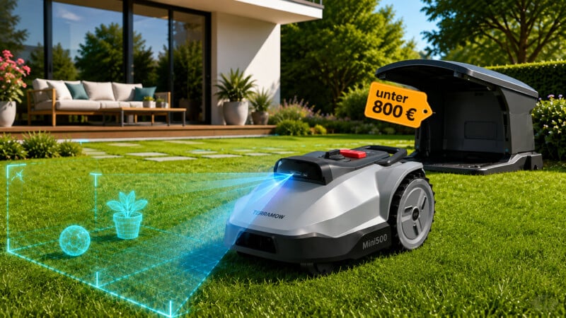 Terramow Mini 500 Mähroboter mit Kamera-Navigation im kleinen Garten, Illustration