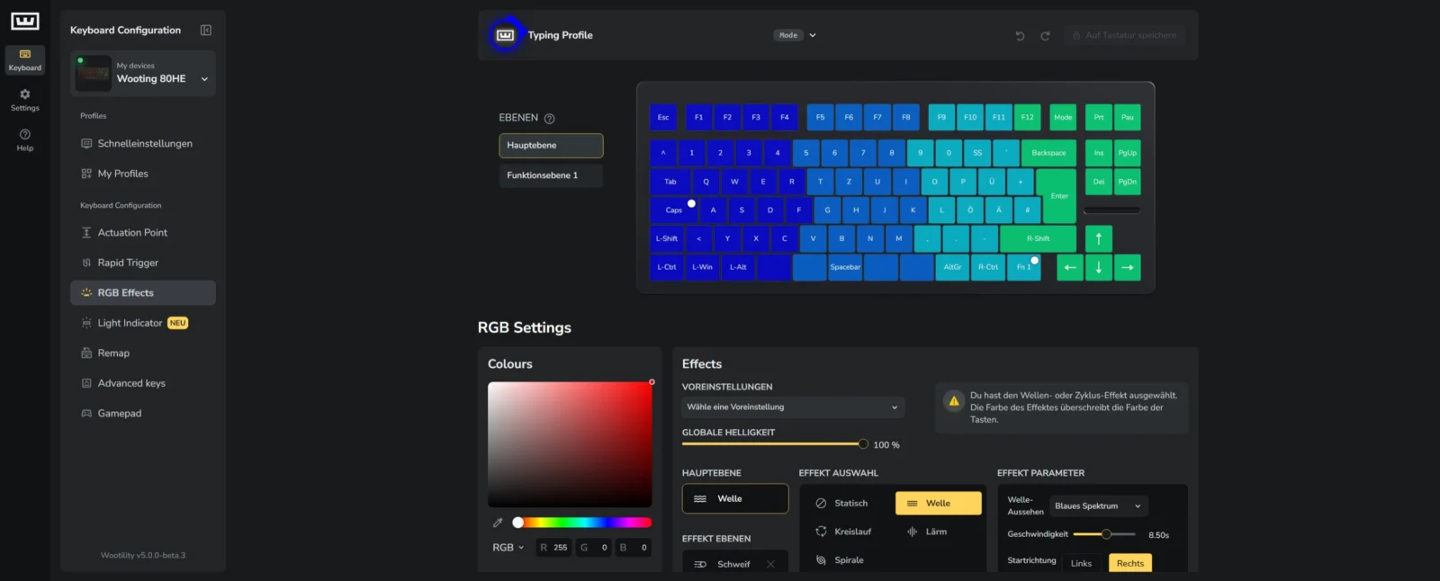 Wooting 80HE Test: Hall-Effect trifft Rapid Trigger – Gaming und Custom vereint? RGB-Tastatur-Layout mit farbigen Keycaps, Steuerung der Beleuchtung über Software, Gaming- und mechanische Tastaturen.