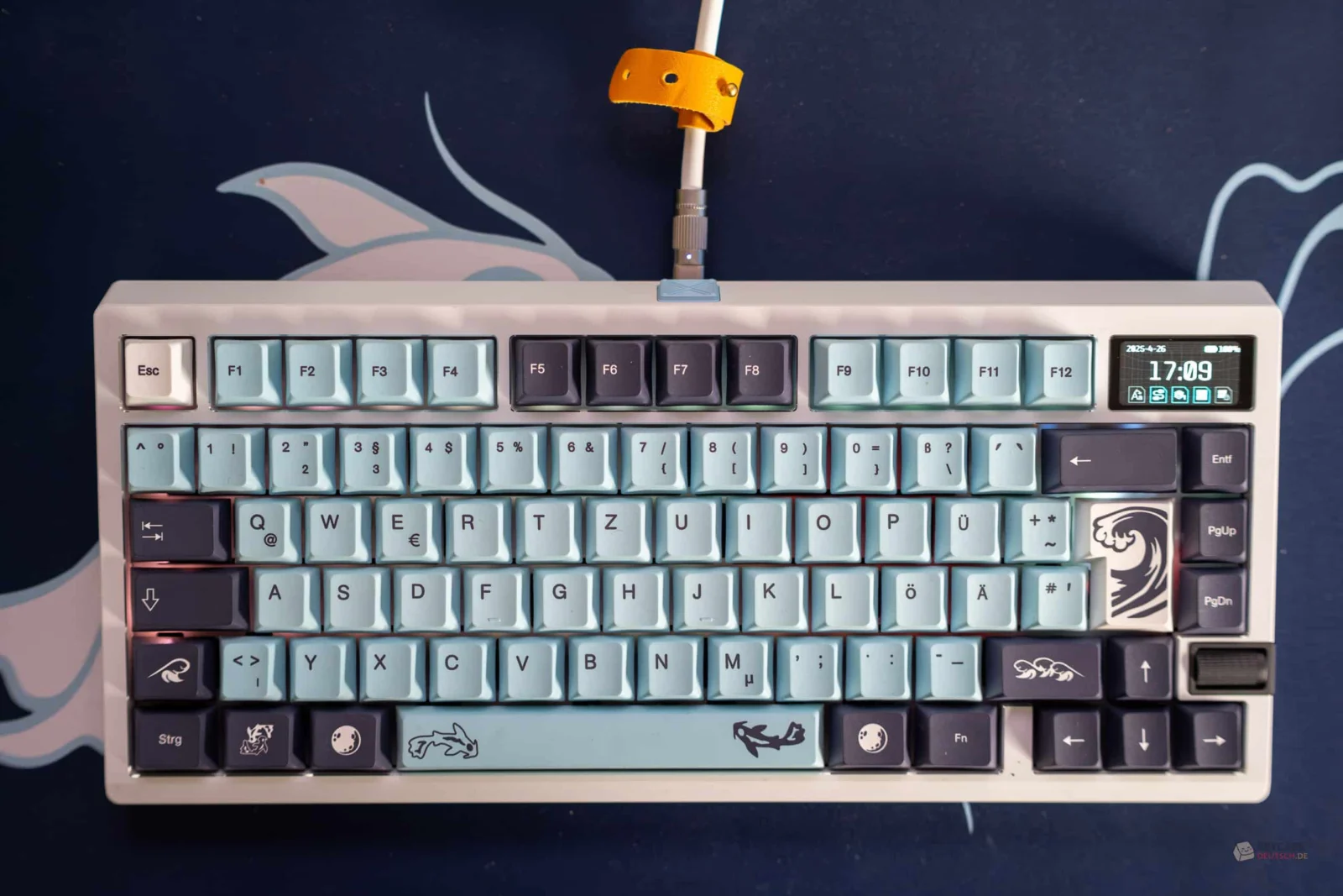 Zoom75 TIGA Build: Mein Zusammenbau mit WS Arowana Switches Schlüssel-Bauspiel Tastatur mit Custom-Keycaps und Delfin-Motiv, mechanisches Gaming-Board in Pastellfarben.