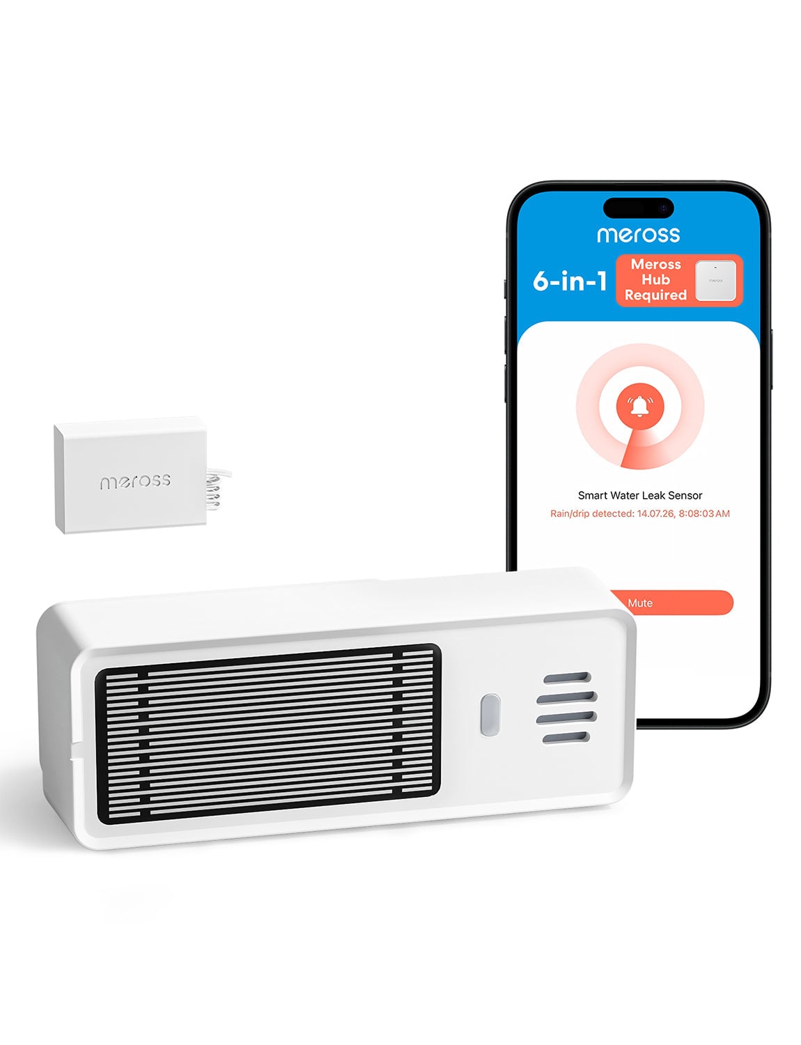 Meross Matter Hub Pro: Vier neue Sensoren für je 19,99 Euro, und Matter spricht nur der Hub Meross Wassersensor MS420H mit externer Sonde neben dem Meross Matter Hub Pro