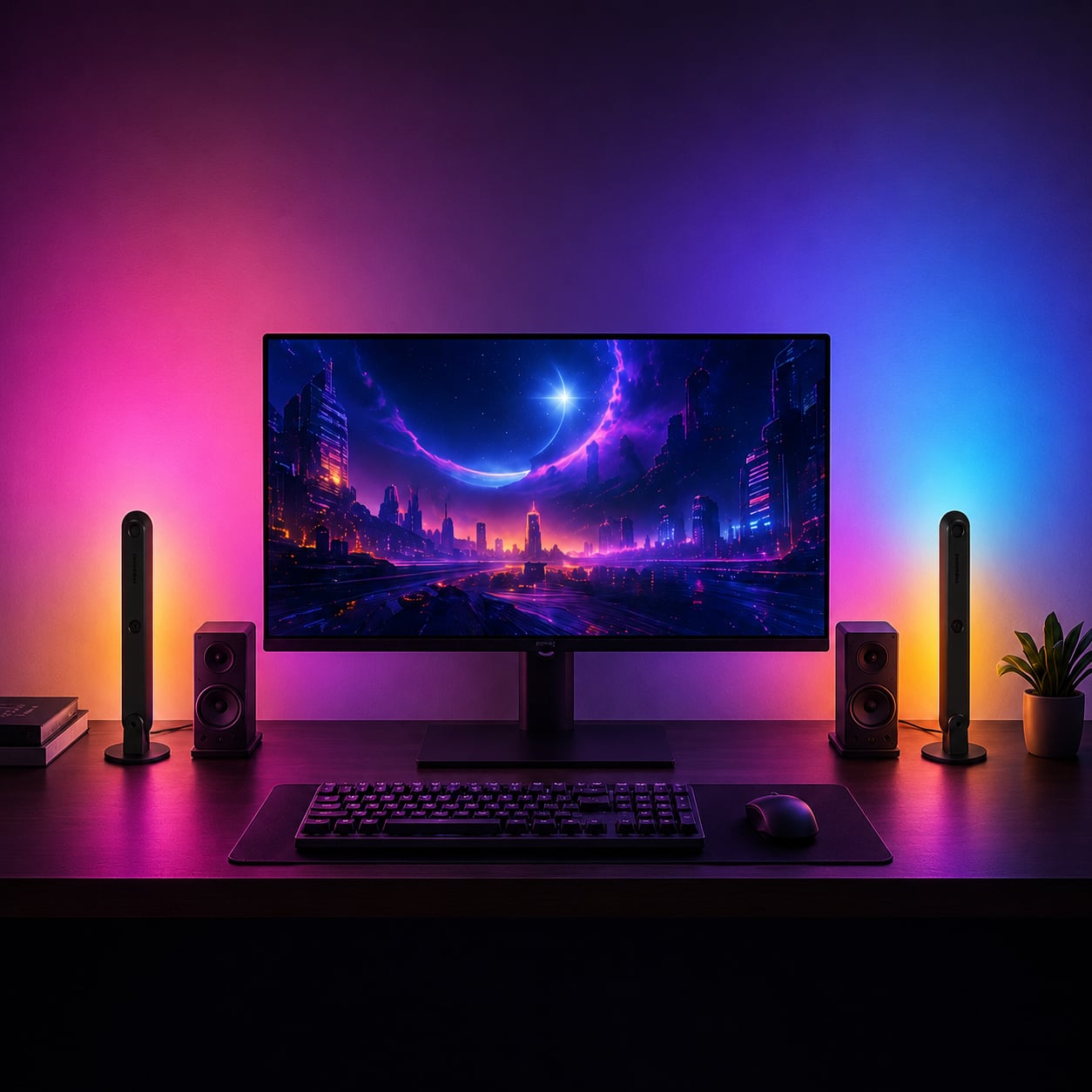 SwitchBot Lightbar: Matter ohne Hub, aber auch ohne Bildschirm-Sync Zwei SwitchBot Lightbars stehen auf Standfüßen links und rechts von einem Monitor auf dem Schreibtisch (Bild: SwitchBot)