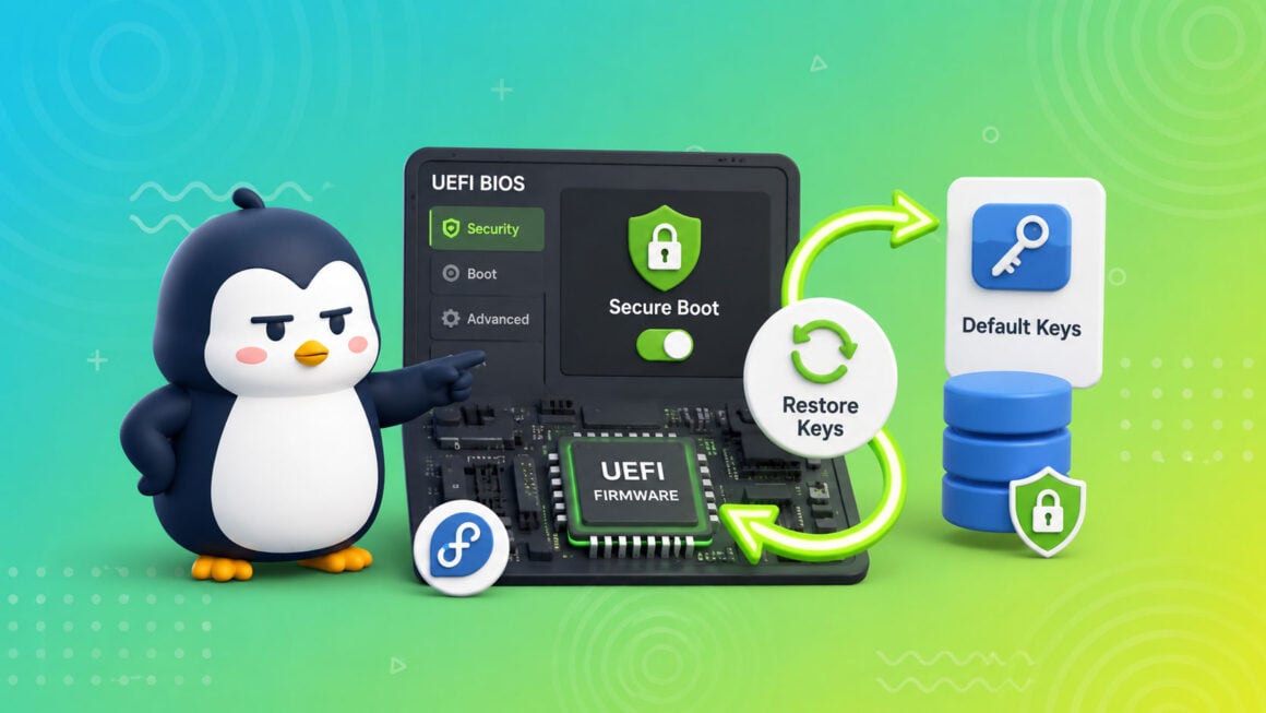 NVIDIA-Treiber unter Fedora installieren, ohne Secure Boot abzuschalten Illustration: Tux-Pinguin vor einem BIOS-Menü, das Secure-Boot-Schlüssel automatisch wiederherstellt