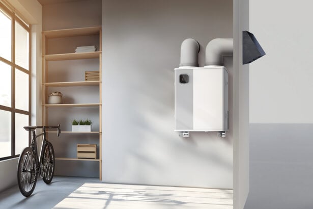 Midea H-Pack: Wärmepumpe ohne Außengerät an der Wand eines Abstellraums, mit zwei Luftkanälen nach draußen