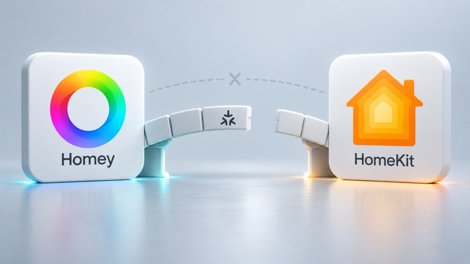Homey HomeKit-Experiment: Kacheln von Homey und HomeKit, dazwischen eine unterbrochene Brücke mit Matter-Logo
