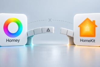 Homey HomeKit-Experiment: Kacheln von Homey und HomeKit, dazwischen eine unterbrochene Brücke mit Matter-Logo