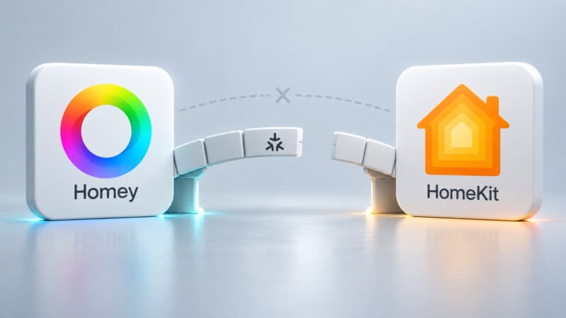 Homey HomeKit-Experiment: Kacheln von Homey und HomeKit, dazwischen eine unterbrochene Brücke mit Matter-Logo