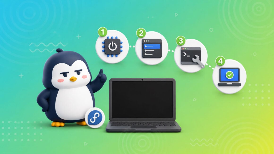 NVIDIA-Treiber unter Fedora installieren, ohne Secure Boot abzuschalten Illustration: Tux-Pinguin mit Laptop und einer Vier-Schritte-Anleitung zur Rettung nach der NVIDIA-Treiber-Installation
