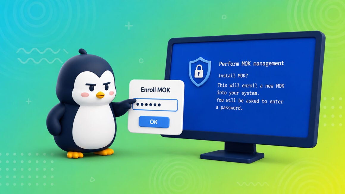 NVIDIA-Treiber unter Fedora installieren, ohne Secure Boot abzuschalten Illustration: Tux-Pinguin zeigt auf das blaue MOK-Management-Menü mit Passwortabfrage