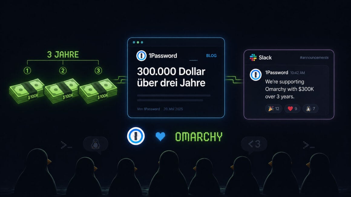 1Password gibt Omarchy 300.000 Dollar, und plötzlich streitet die Linux-Welt nicht über Linux Omarchy und 1Password: KI-Illustration zum Streit um die Finanzierung der Omacom Foundation