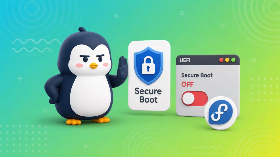 NVIDIA-Treiber unter Fedora installieren, ohne Secure Boot abzuschalten Illustration: Skeptischer Tux-Pinguin wehrt ein UEFI-Fenster ab, in dem Secure Boot ausgeschaltet ist