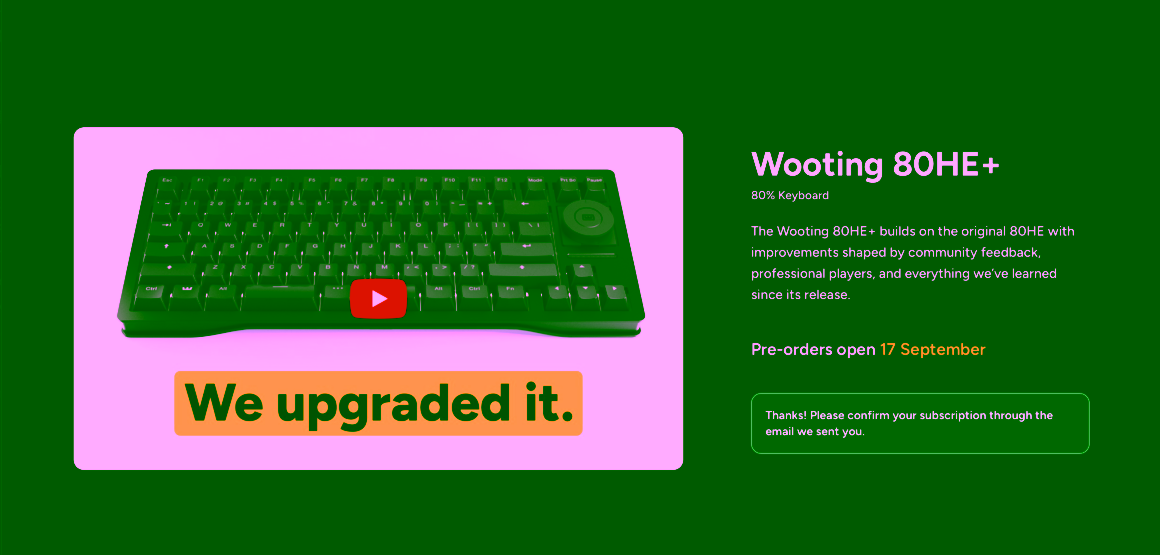 Neue Wooting 80HE+: Alles wird ein bisschen besser, nur dein altes Gehäuse passt nicht mehr Wooting 80HE+ auf der Produktseite mit dem Hinweis auf den Vorbestellstart am 17. September