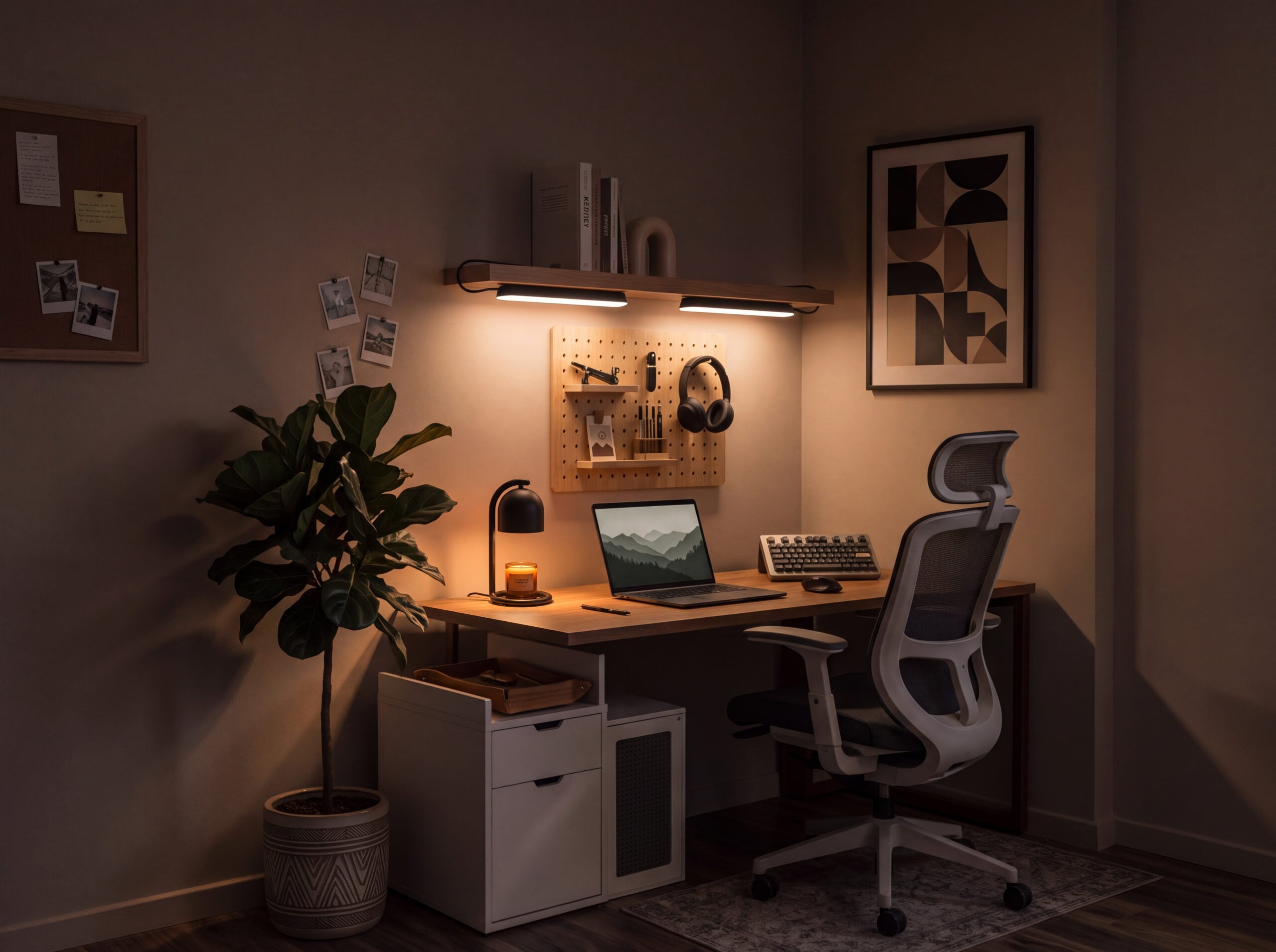 SwitchBot Lightbar: Matter ohne Hub, aber auch ohne Bildschirm-Sync Zwei SwitchBot Lightbars liegen waagerecht unter einem Wandregal und beleuchten einen Schreibtisch mit warmweißem Licht (Bild: SwitchBot)