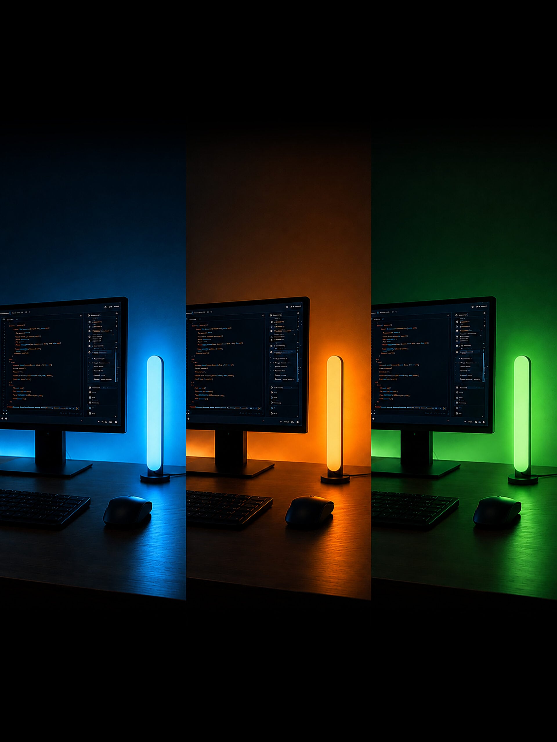 SwitchBot Lightbar: Matter ohne Hub, aber auch ohne Bildschirm-Sync SwitchBot Lightbar neben einem Monitor mit Code, dreimal in Blau, Orange und Grün als Statusanzeige für einen KI-Agenten (Bild: SwitchBot)