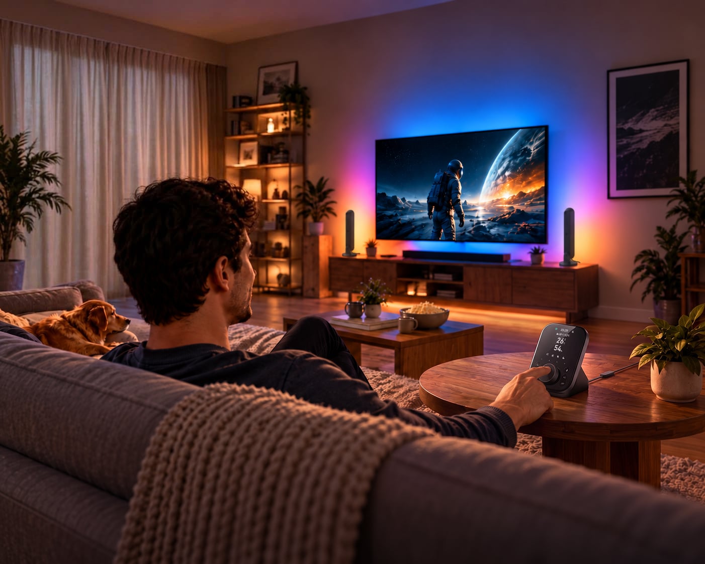 SwitchBot Lightbar: Matter ohne Hub, aber auch ohne Bildschirm-Sync Zwei SwitchBot Lightbars stehen neben einem Fernseher im Wohnzimmer, davor ein Mann auf dem Sofa (Bild: SwitchBot)