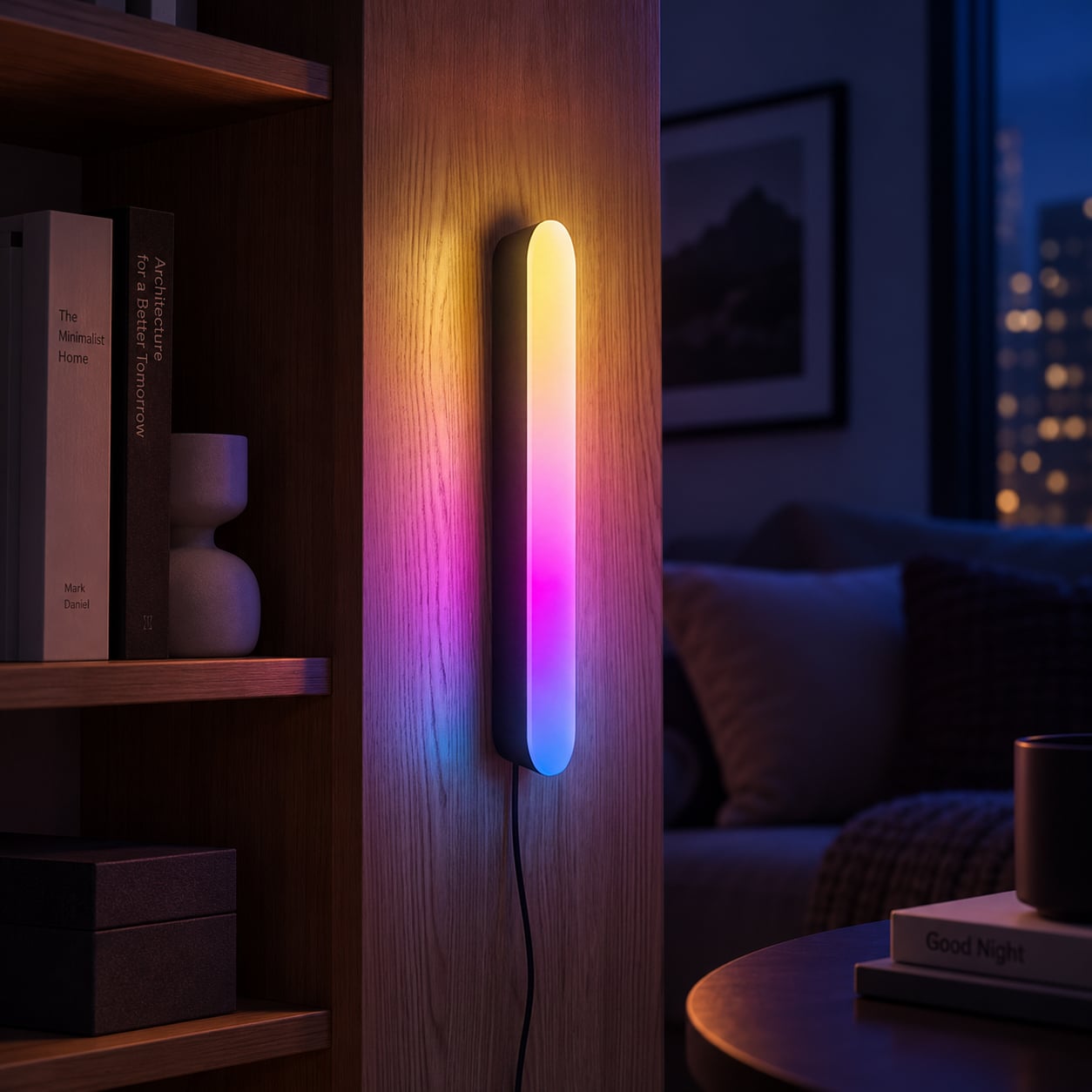 SwitchBot Lightbar: Matter ohne Hub, aber auch ohne Bildschirm-Sync SwitchBot Lightbar hängt senkrecht an einem Regal und leuchtet im Farbverlauf von Gelb über Pink nach Blau (Bild: SwitchBot)