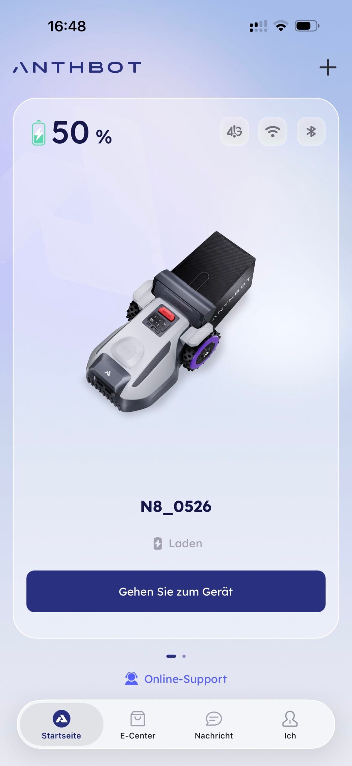 ANTHBOT App Startbildschirm mit gekoppeltem N8
