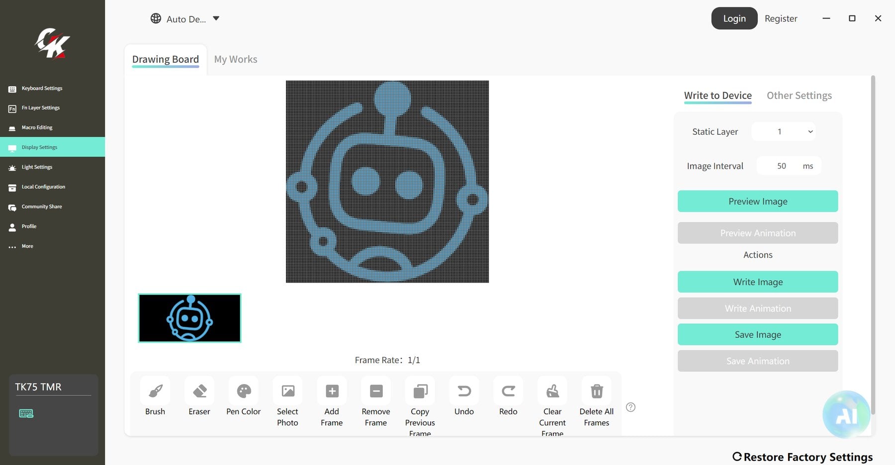 Display Settings im Gamakay-Treiber: Zeichenfläche mit Roboter-Motiv und Buttons zum Schreiben auf das Board