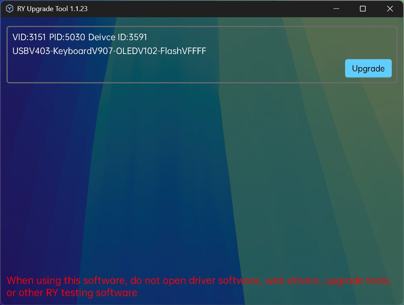 Firmware-Updater RY Upgrade Tool 1.1.23 mit VID 3151, PID 5030 und Warnung vor anderer RY-Software