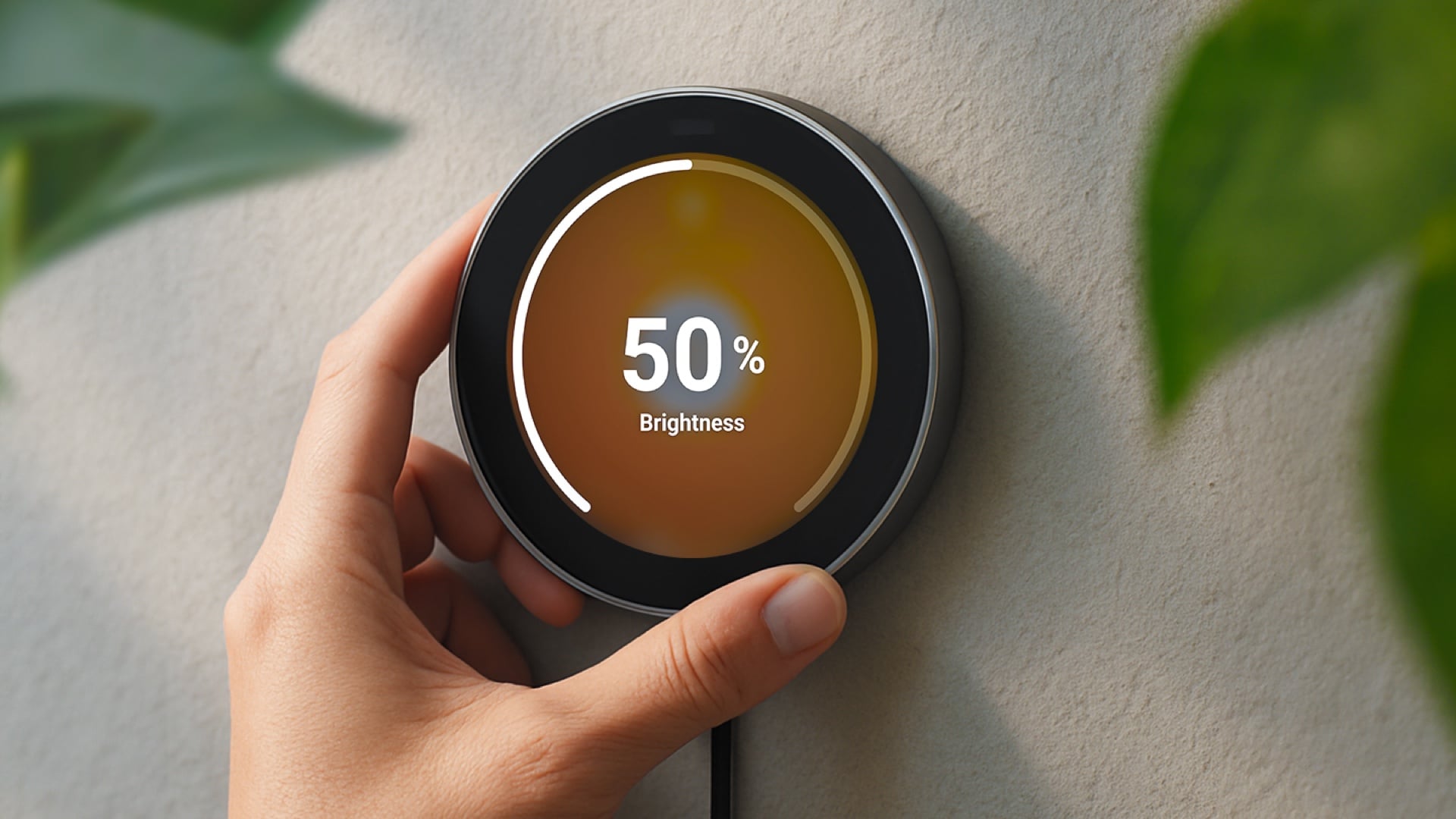 Homey Portal: Ein Drehknopf für den ganzen Raum. Mein Erdgeschoss bräuchte drei Homey Portal an der Wand montiert, eine Hand dreht den Ring, das Display zeigt 50 Prozent Helligkeit, Pressebild Athom