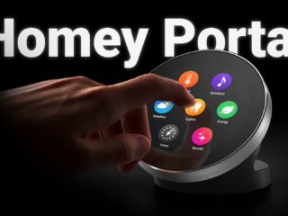 Homey Portal: rundes 2,8-Zoll-Touchdisplay mit Edelstahl-Drehring auf dem Standfuß, Pressebild Athom