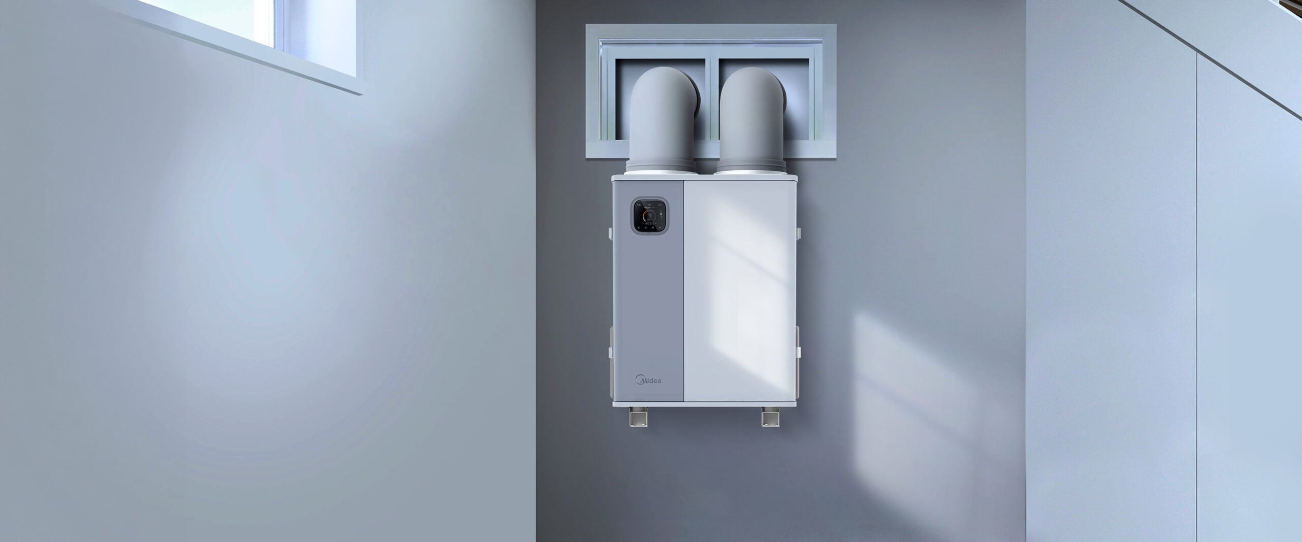 Midea H-Pack: Schon gelistet, aber keine PortaSplit für die Heizung Midea H-Pack an der Innenwand, zwei Luftkanäle führen durch eine Maueröffnung nach draußen