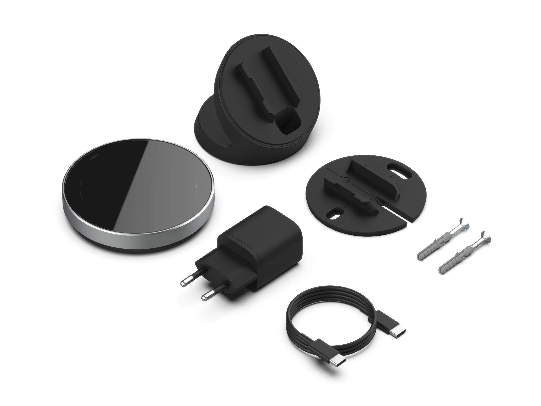 Homey Portal: Ein Drehknopf für den ganzen Raum. Mein Erdgeschoss bräuchte drei Homey Portal Lieferumfang: Display, Standfuß, Wandhalterung, Netzteil, USB-C-Kabel und zwei Schrauben mit Dübeln, Pressegrafik Athom