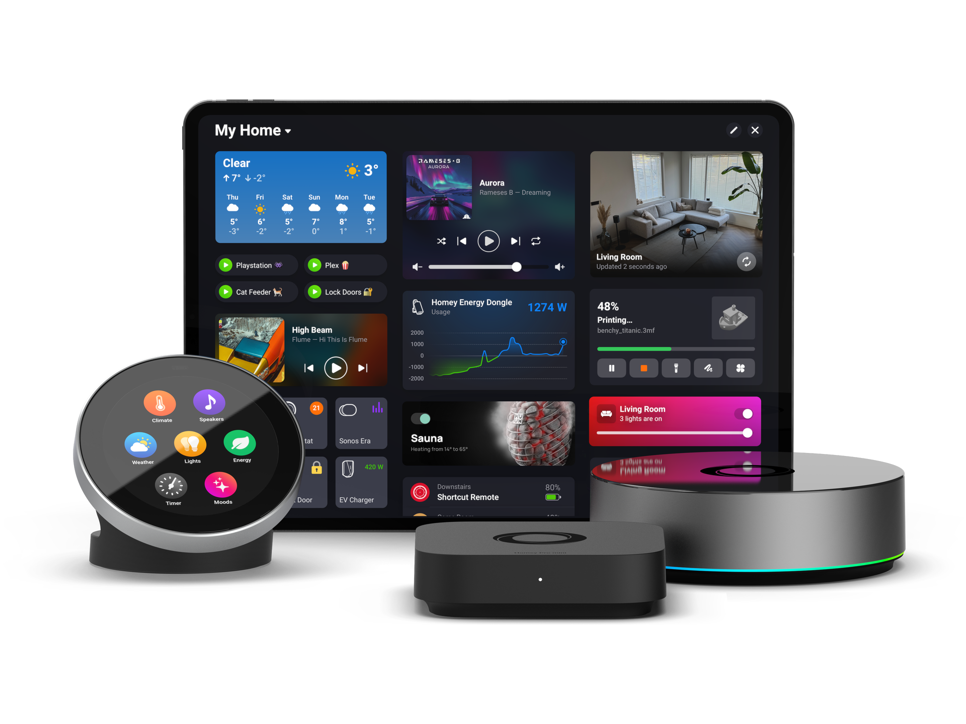 Homey Portal: Ein Drehknopf für den ganzen Raum. Mein Erdgeschoss bräuchte drei Homey Portal neben Homey Pro, Homey Pro mini und dem Homey-Dashboard auf einem Tablet, Pressegrafik Athom