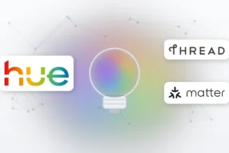 Philips Hue, Thread und Matter Logos mit Farbverlauf-Lampe und Mesh-Netzwerk