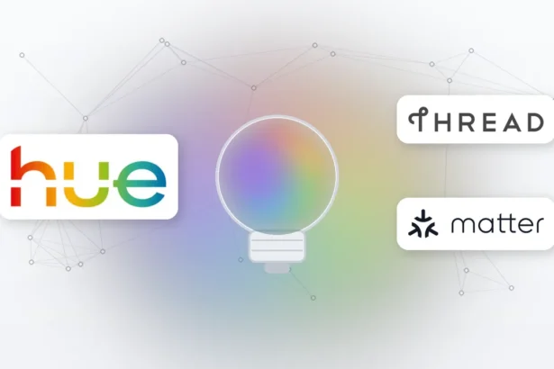 Philips Hue, Thread und Matter Logos mit Farbverlauf-Lampe und Mesh-Netzwerk