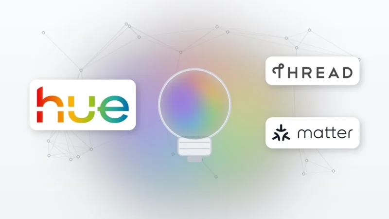 Philips Hue, Thread und Matter Logos mit Farbverlauf-Lampe und Mesh-Netzwerk