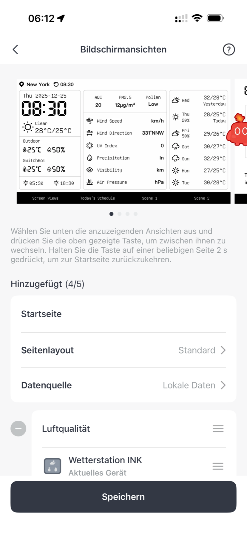 SwitchBot Wetterstation Test: Schönes E-Ink, winzige Schrift, zickige App Bildschirmansichten in der SwitchBot-App mit Startseite, Seitenlayout und Datenquelle