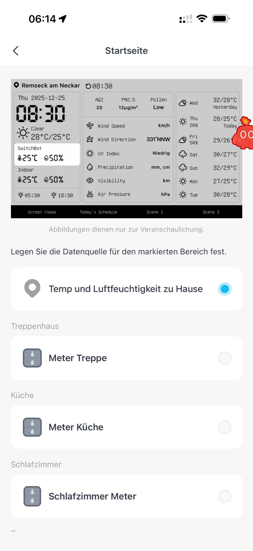 SwitchBot Wetterstation Test: Schönes E-Ink, winzige Schrift, zickige App Datenquelle für das SwitchBot-Feld der Startseite: Auswahl zwischen den Meter-Sensoren