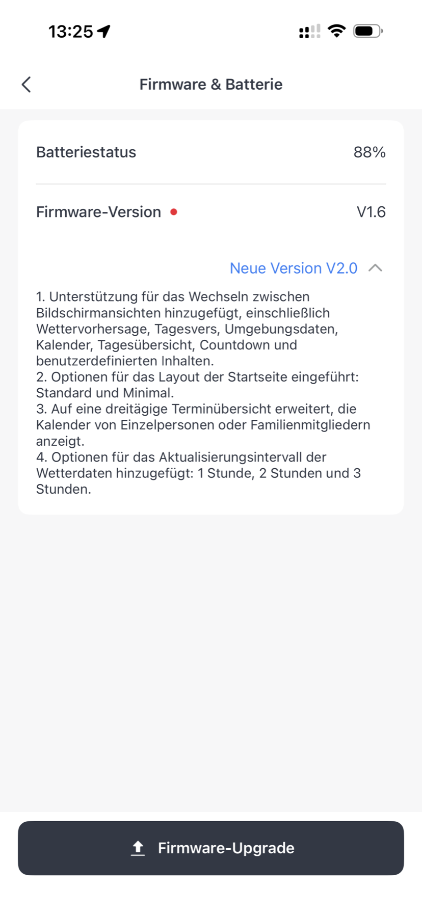 SwitchBot Wetterstation Test: Schönes E-Ink, winzige Schrift, zickige App Firmware und Batterie in der SwitchBot-App: Akku 88 Prozent, Version 1.6, Update auf 2.0 mit Änderungsliste