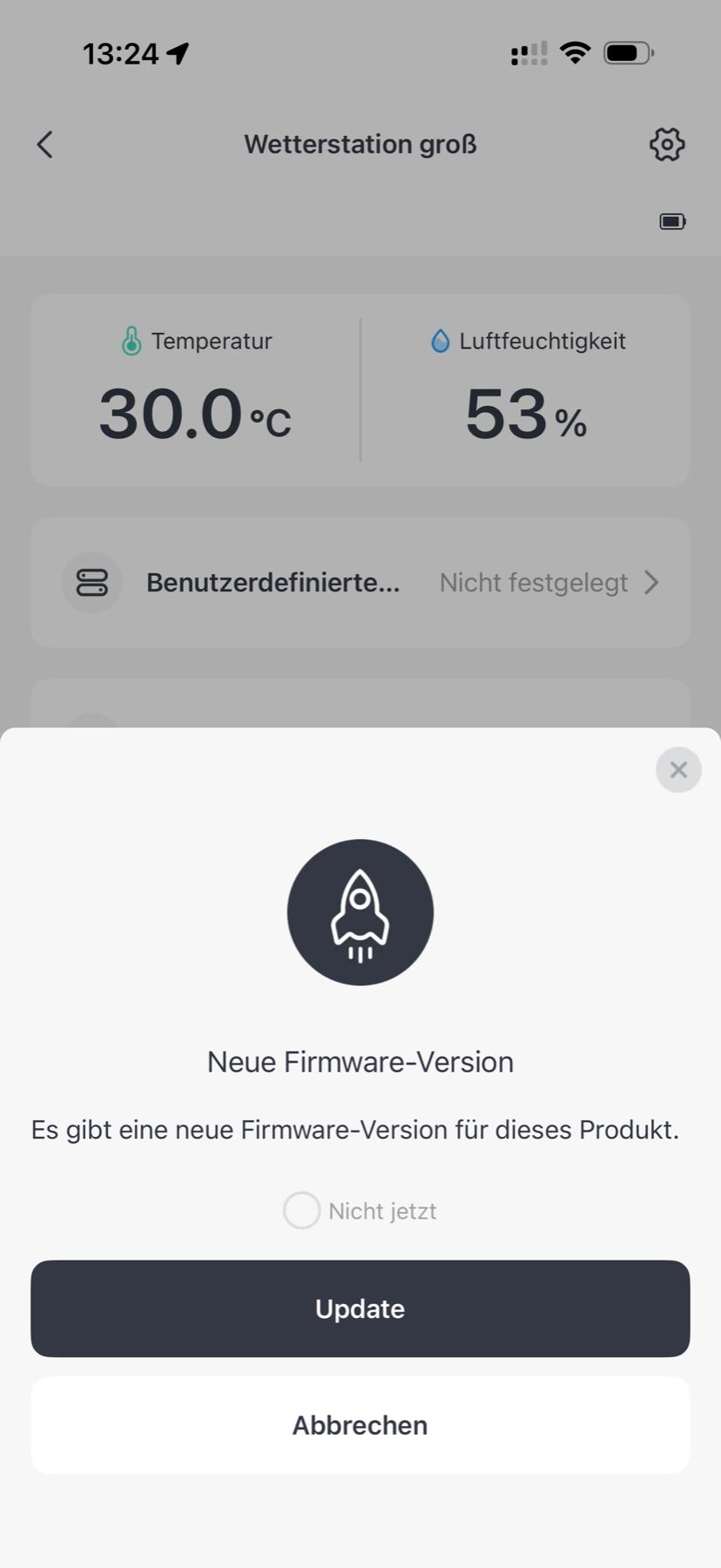 SwitchBot Wetterstation Test: Schönes E-Ink, winzige Schrift, zickige App Firmware-Hinweis in der SwitchBot-App: neue Version für die Wetterstation verfügbar
