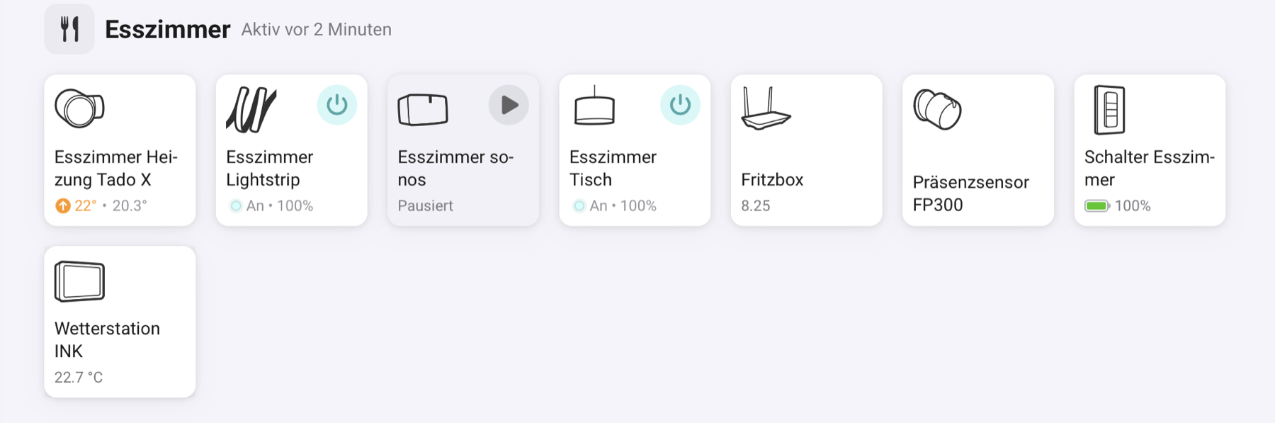 SwitchBot Wetterstation Test: Schönes E-Ink, winzige Schrift, zickige App Wetterstation INK in der Homey-Zone Esszimmer neben Heizung, Lightstrip und Präsenzsensor