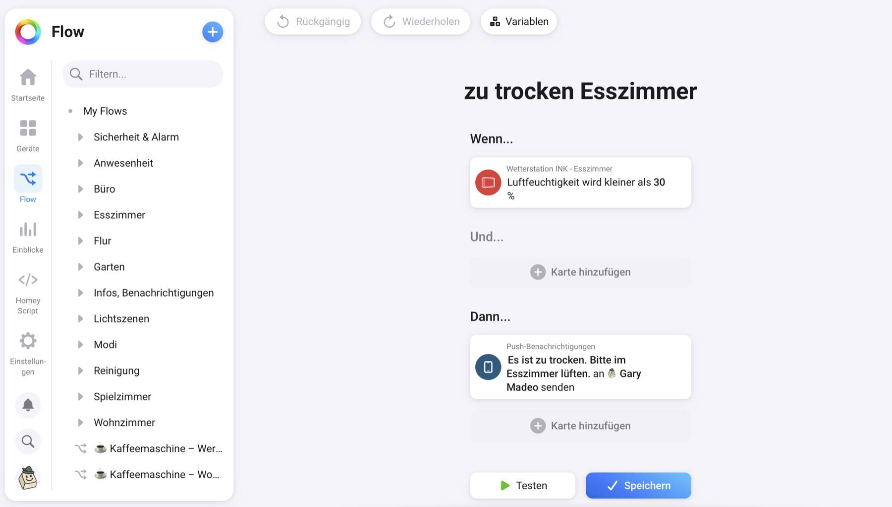 SwitchBot Wetterstation Test: Schönes E-Ink, winzige Schrift, zickige App Homey-Flow zu trocken Esszimmer: Luftfeuchtigkeit der Wetterstation unter 30 Prozent löst eine Push-Nachricht aus