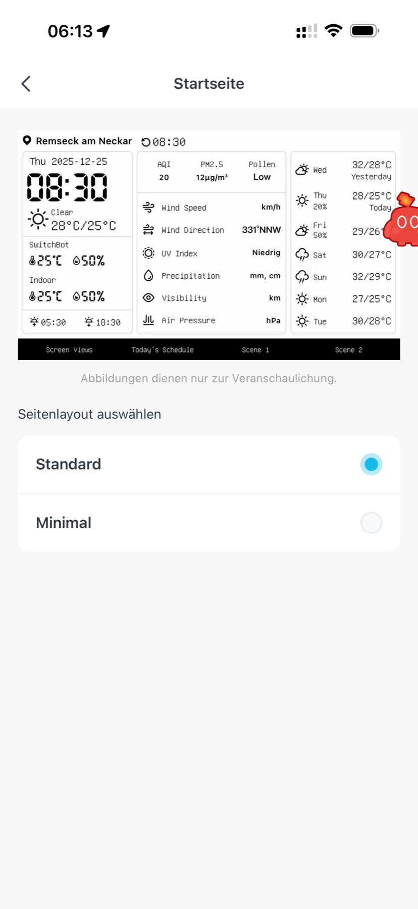 SwitchBot Wetterstation Test: Schönes E-Ink, winzige Schrift, zickige App App-Auswahl für das Seitenlayout der Startseite: Standard oder Minimal