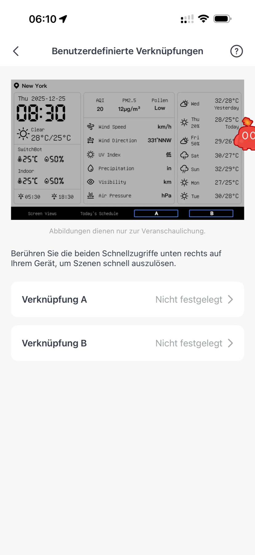 SwitchBot Wetterstation Test: Schönes E-Ink, winzige Schrift, zickige App Benutzerdefinierte Verknüpfungen A und B der Wetterstation, beide nicht festgelegt