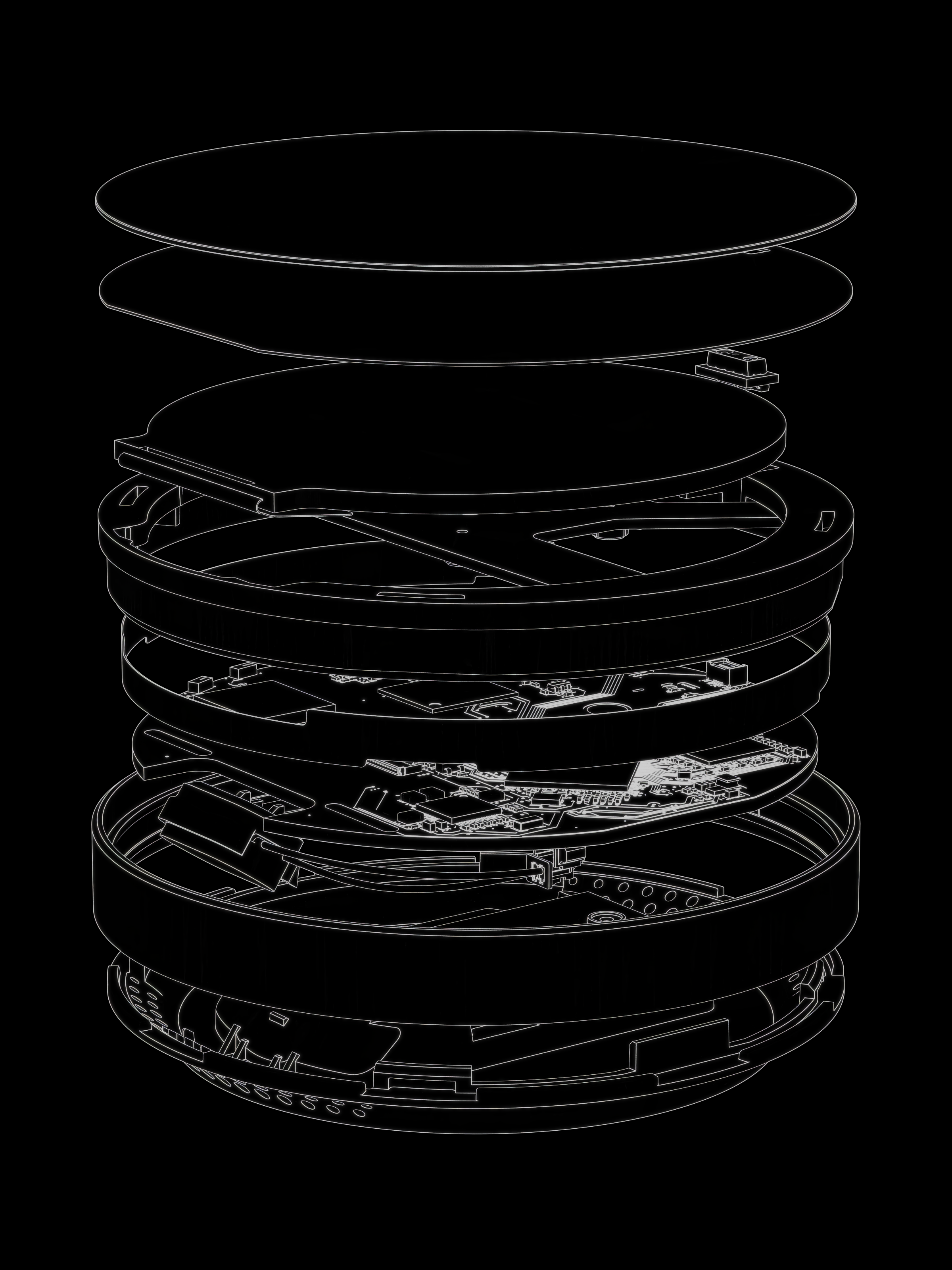 Homey Portal: Ein Drehknopf für den ganzen Raum. Mein Erdgeschoss bräuchte drei Explosionszeichnung des Homey Portal: Glasscheibe, Touchsensor, Display, Platinen, Lautsprecher und Edelstahlring, Pressegrafik Athom