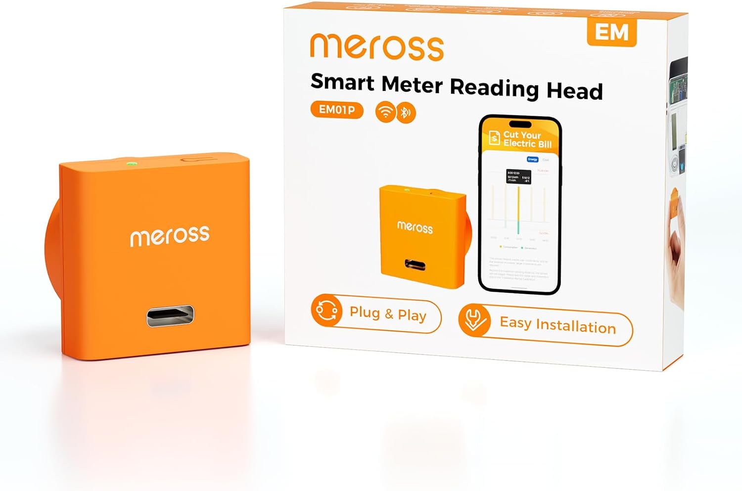 Meross EM01P, orangefarbener Infrarot-Lesekopf für den Stromzähler, neben der Verpackung