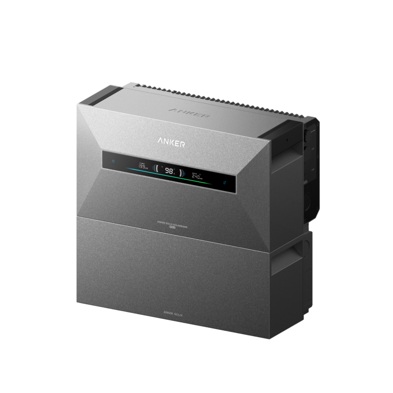 Anker Solarbank Max mit Erweiterungsbatterie, Frontansicht mit Display