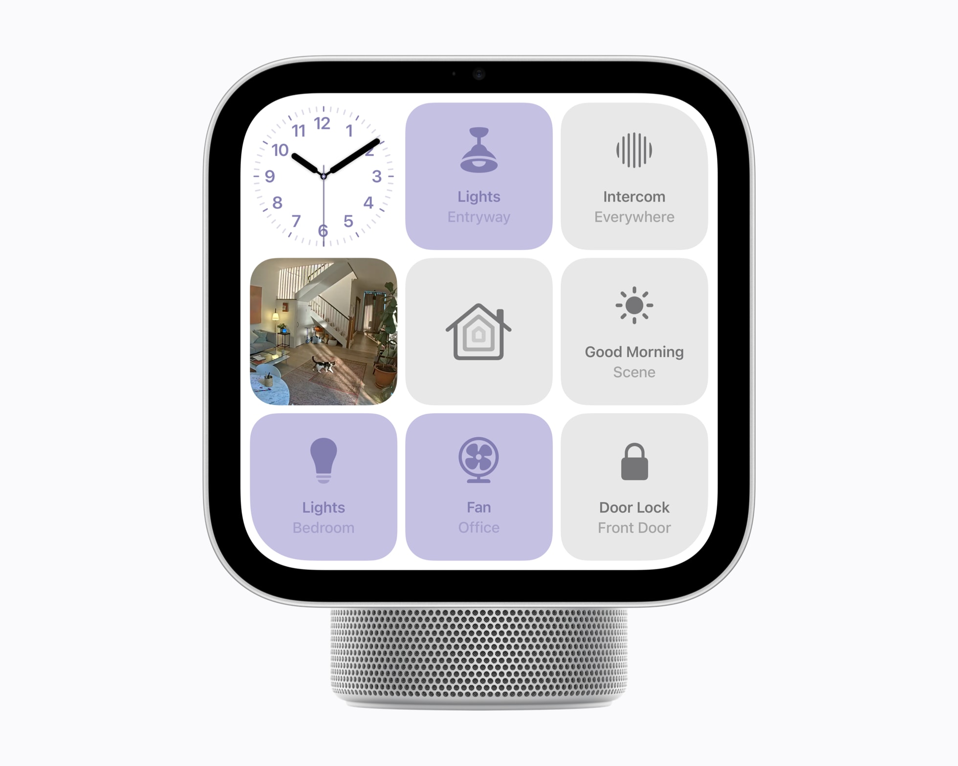 Apple HomeView als Tischmodell mit dem Zifferblatt Home Modular: Kacheln für Licht, Kamera, Szenen und Türschloss