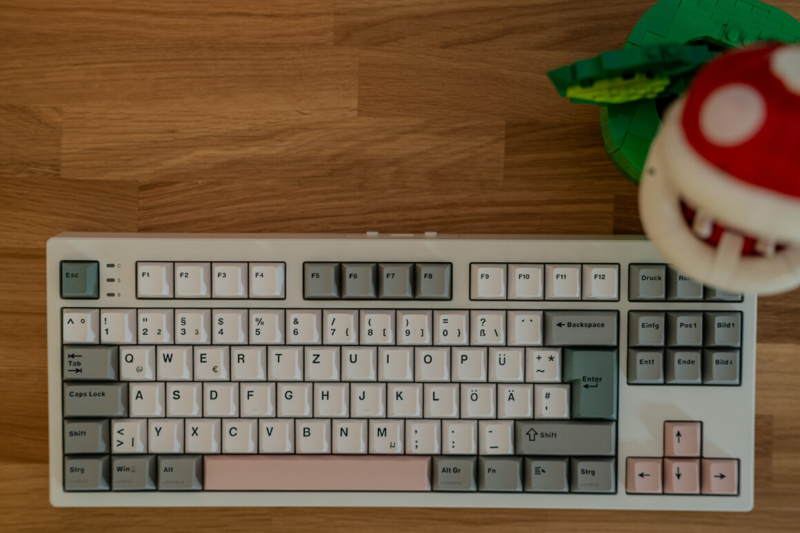 Epomaker TH87 Test: 100 Euro, deutsches Layout, und mir fehlt nichts Epomaker TH87 ISO-DE von vorne, dahinter die Lego-Piranha-Pflanze