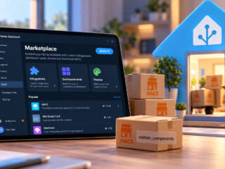 HACS in Home Assistant wird zum Marketplace, Umzugskartons mit HACS-Logo ziehen ins Home-Assistant-Haus (KI-Bild)