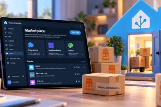 HACS in Home Assistant wird zum Marketplace, Umzugskartons mit HACS-Logo ziehen ins Home-Assistant-Haus (KI-Bild)