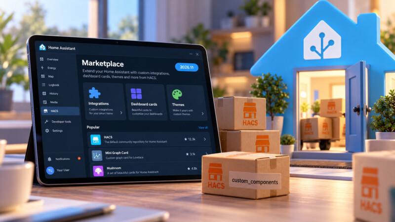 HACS in Home Assistant wird zum Marketplace, Umzugskartons mit HACS-Logo ziehen ins Home-Assistant-Haus (KI-Bild)